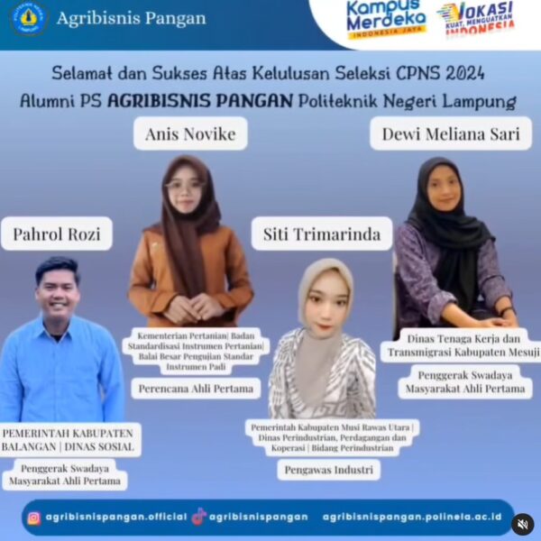 Selamat dan Sukses Atas Kelulusan Seleksi CPNS 2024 Alumni PS Agribisnis Pangan Polinela